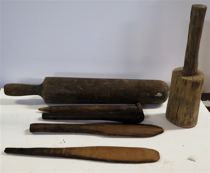 Lot of Wood Items including 2 Wood Paddles, Wood Spout, and 2 Other Wood Pieces - Largest Measures 21"