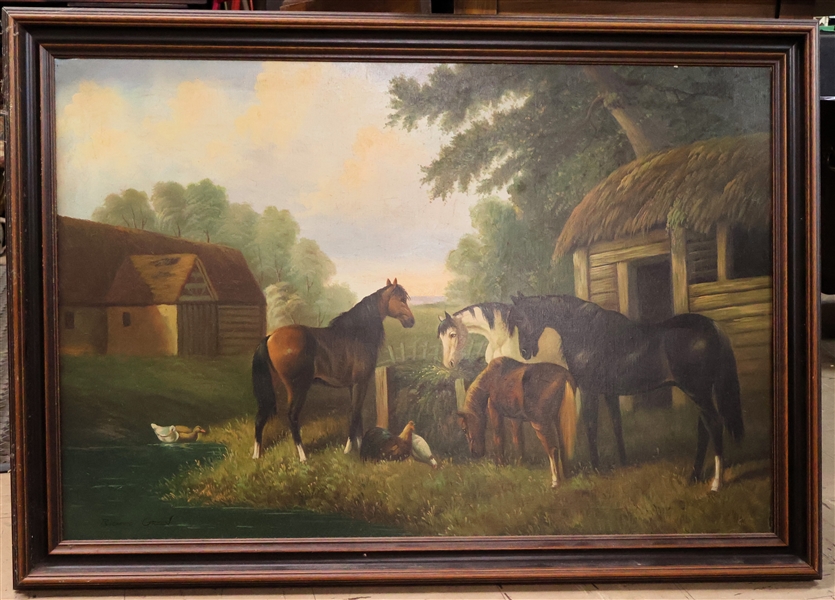 Original Oil on Canvas Painting of Barn Scene - Horses and Chickens by Artist Richard Green - Framed  - Frame Measures 28" by 40 1/2"