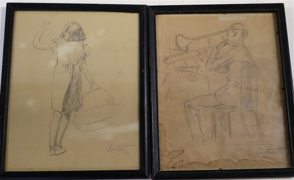 Pair of Edward Bardard Lintott (1875 - 1951) Pencil Drawings - Girl Circa 1940, and Man on Tissue Ca. 1940 - Both Framed Measuring 11" by 9"