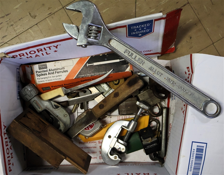 Box Lot of Tools including Locks with Keys, Fuller Wrench, Rigid Pipe Cutters, Scrapers, Screw Extractor, Tape Measure