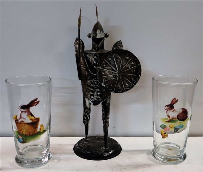 Metal Knight Statuette and 2 Rabbit and Chick Glasses - Knight Measures 11" tall 