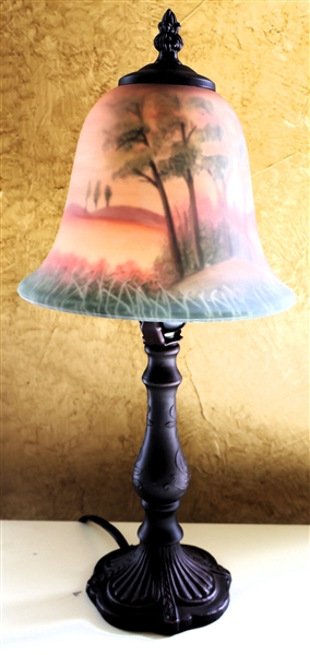 Small Reverse Painted Lamp - Metal Base - Reverse Painted Glass Shade with Forest and Hill Scene  -Lamp Measures 16" Tall 