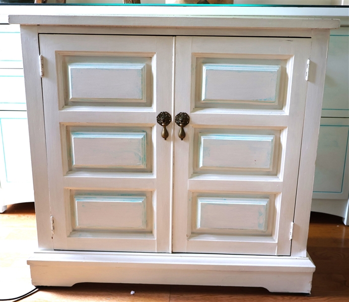 White Painted Cabinet with Raised Panel Doors - Tiffany Blue Details - Measures 28 1/2" Tall 30" by 14" 