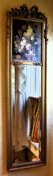 Framed Beveled Mirror in Gold Frame with Bow at Top - Frame Measures 38" by 10" - Hickory Manor House Tag on Back 