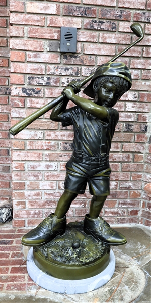 Jim Davidson Little Golfer Statue - Cast Bronze on White Marble Base - Statue Measures 52" Tall to Tip of Golf Club, 42" To Top of Boys Head
