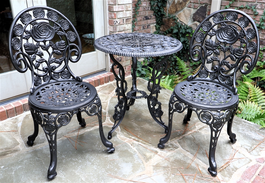 Fine Cast Aluminum Garden Table and 2 Chairs - Rose / Floral Motif - Table Measures 28" Tall 23 1/2" Across