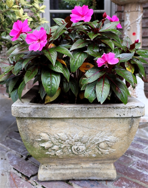 Rectangular Concrete Square Planter with Flower Details - Measures 10" tall 13 1/2" Across