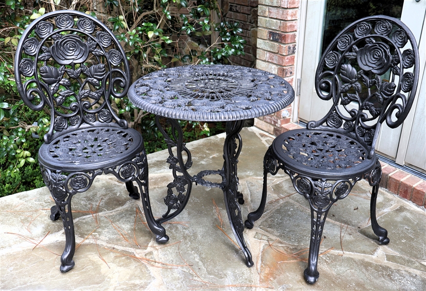 Fine Cast Aluminum Garden Table and 2 Chairs - Rose / Floral Motif - Table Measures 28" Tall 23 1/2" Across