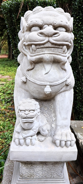 Concrete female Foo Dog Statue -Measures 34" Tall Base 17 1/4" by 11 1/2" 