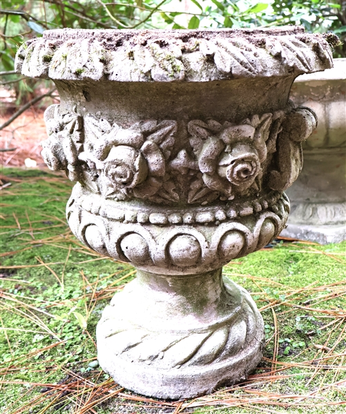Nice Concrete Urn Style Planter with Raised Flowers and Beautiful Molded Trim - Measures 17 1/2" tall 15 1/2" Across