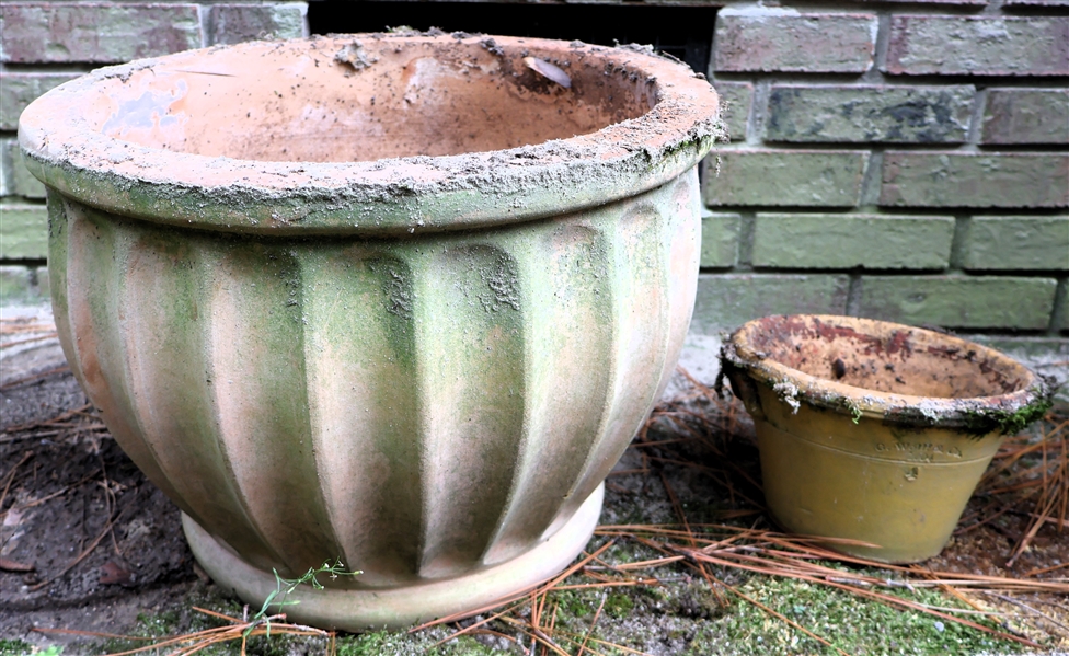 2 Nice Terracotta Planters - Large Ribbed Planter and Smaller Wolfe with Yellow Glaze - Large Planter Measures 13" Tall 17" Across