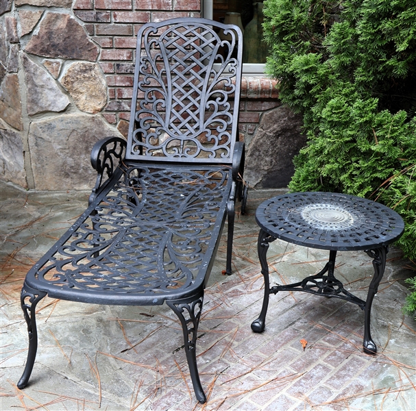 Nice Cast Aluminum Lounge Chair and Side Table - Chair Features Scroll and Lattice Details - Table Measures 18" Tall 20" Across