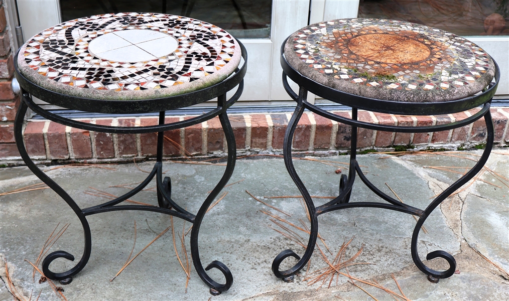 2 Iron Tables with Cement Mosaic Tile Tops - Each Table Measures 23" Tall 18" Across