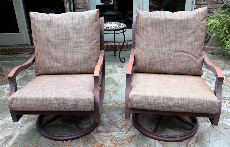 Pair of Nice Patio Swivel Chairs with Brownish / Copper Finish - Each Chair Measures 34" Tall 27" by 32" Deep
