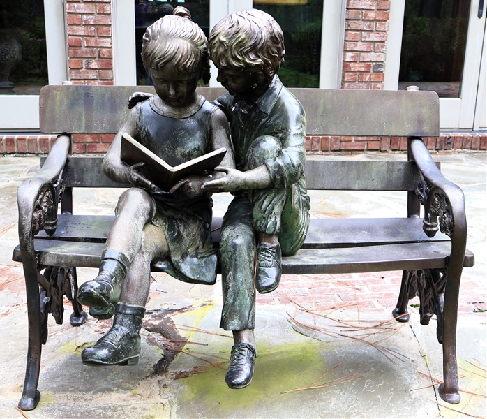 Cast Bronze Garden Bench with Cast Metal Life Size Children Reading a Book - Bench Measures 30" Tall 46" Long  - Children Measure 34" Tall 