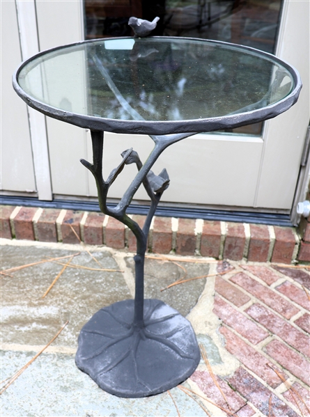 Metal Garden Table with Glass Top - Tree Base with Birds and Leaves - Measures 25" Tall 17" Across