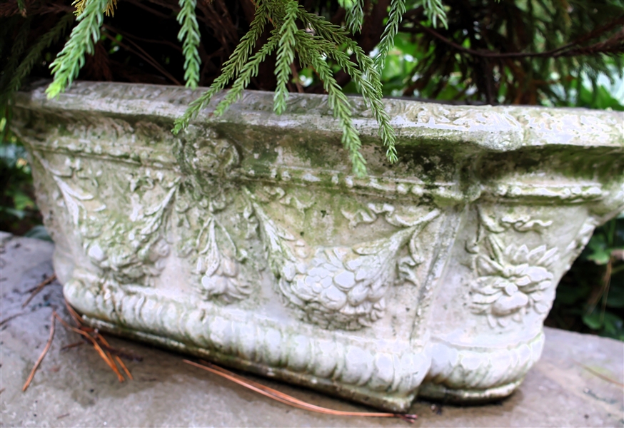Large Oval Concrete Planter with Draped Flowers - Measures 13" tall 32" Long