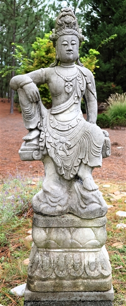 Concrete Oriental / Indian Priestess Statue on 2 Piece Pedestal - Overall Measures 63" Tall - Figure Measures 38" Tall 