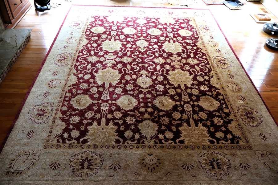 Manasa India - Hand Knotted Rug burgundy, Cream, and Gold- Measures 12 6" by 9 2" - Appraised in 2010 at $10,907