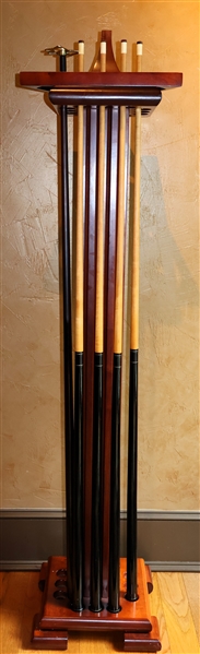 Nice Pool Cue Stand with 4 Fine Line Pool Sticks/ Cues, Triangle, and Stand