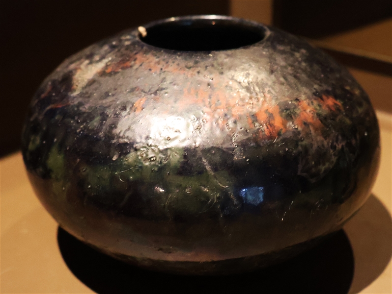 Artist Signed Raku Art Pottery Vessel - Measuring 4" Tall 5" Across - Small Glaze Flake in Interior of Rim 