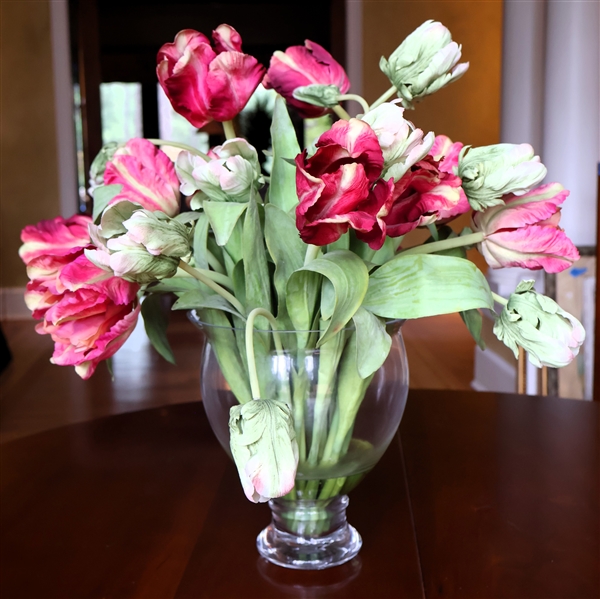 Beautiful Arrangement of Faux Tulips in Glass Vase - Vase Measures 9" Tall Arrangement Measures 20" Tall 