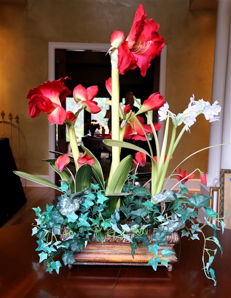 Arrangement of Red Faux Amaryllis Flowers in Rectangular Tray - Measuring 26" Tall 16" Across