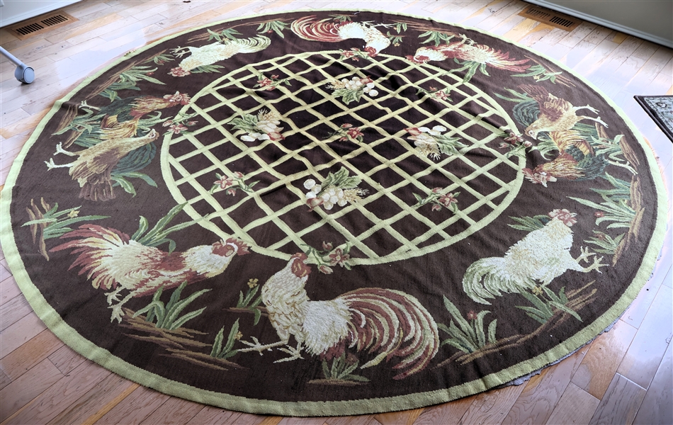 Round Tapestry Rug with Chicken Motif - Some Fading - Measures 78" Across