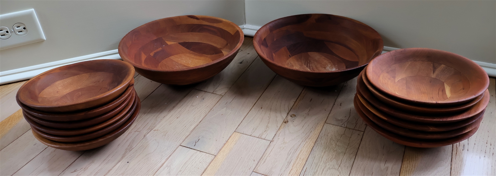 14 Wood Bowls - 2 Large Salad Bowls and 12 Smaller Bowls - Large Bowls Measure 12" Across and Smaller Measure 8 1/2" Across