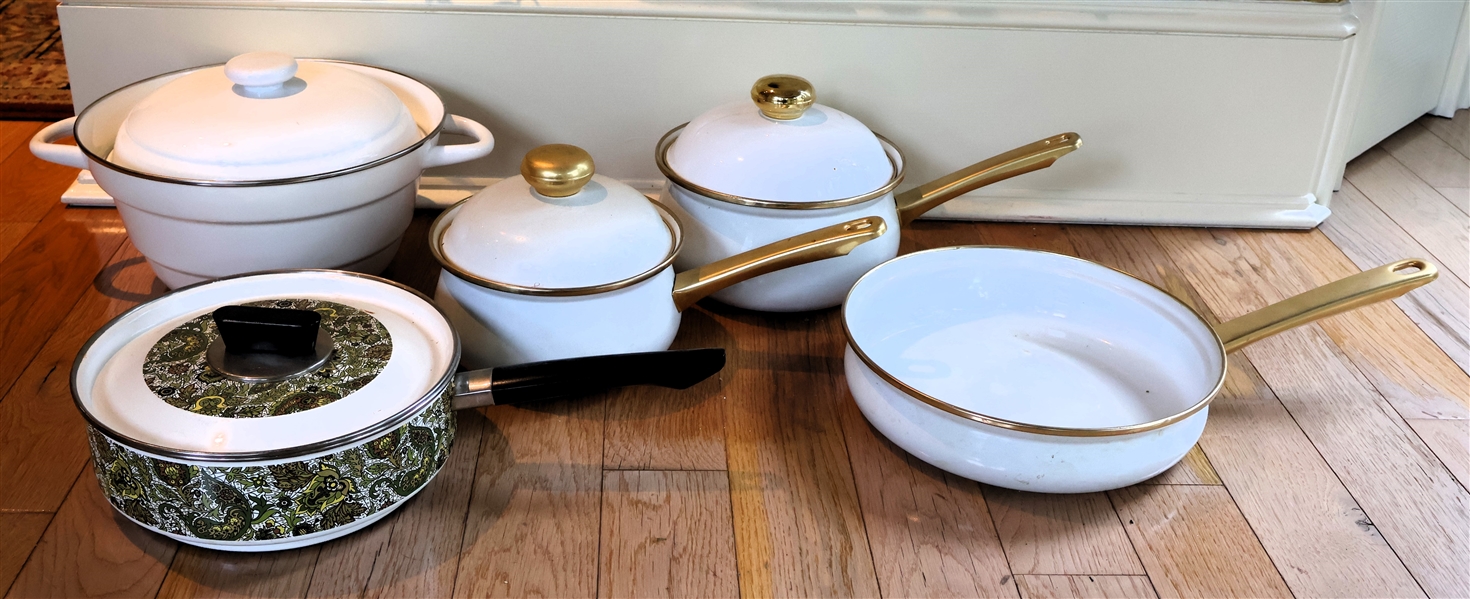 5 Pieces of White Enamel Cookware - Including 3 Pieces with Brass Handles, 1 Pot with Steamer Insert, and Other with Midcentury Olive Green Details - Mid Century Pot Measures 9" Across