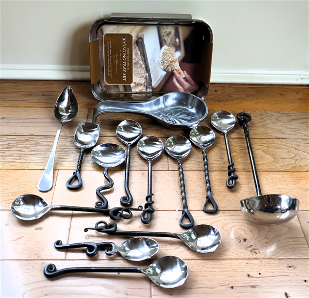 New Professional Breading Set - 3 Piece, Pewter Spoon Rest, and 12 Pieces of Handmade Spoons 