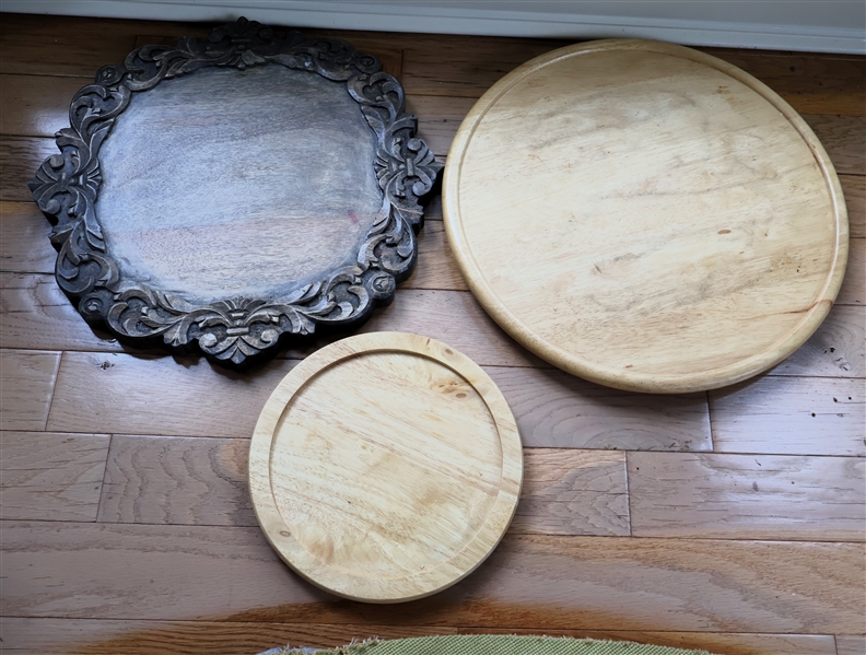 Wood Lot - 2 Light Wood Lazy Susans and Other Wood Tray with Floral Trim -Largest Lazy Susan Measures 18" Across