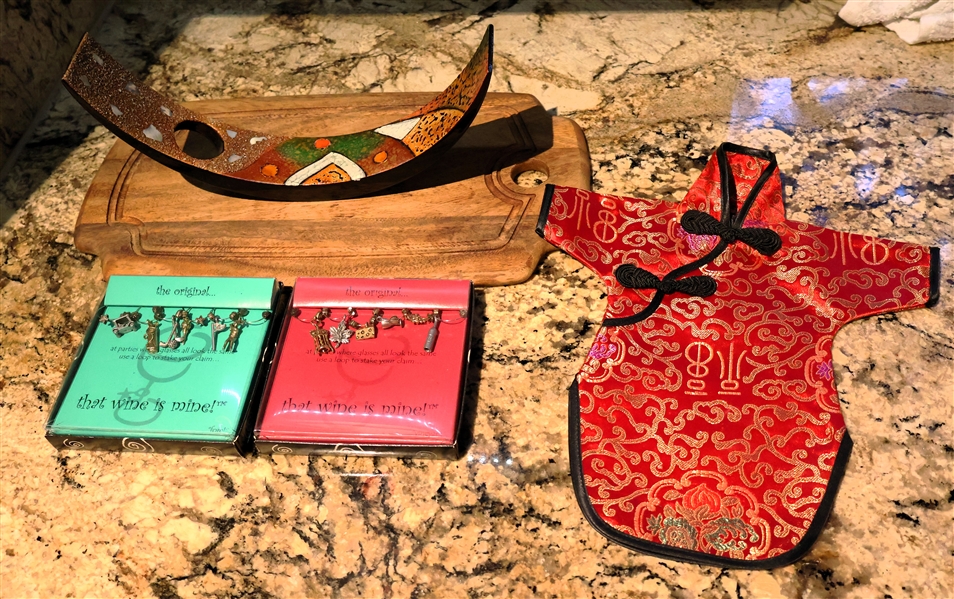 Small Iron Wood Gourmet Cheese Board, 2 Sets of "The Wine is Mine" Wine Markers, Wine Bottle Holder, and Bottle Kimono - Cheese Board Measures 15" by 8" 