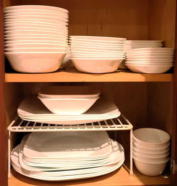 66 Pieces of White Corelle Dinnerware - Round and Square Plates, Bowls, and Small Bowls for Dips