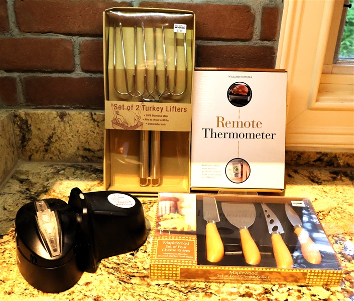 Kyocera Diamond Sharpener, Williams Sonoma Remote Meat Thermometer, New in Box Turkey Lifters, and New in Box Cheese Knives