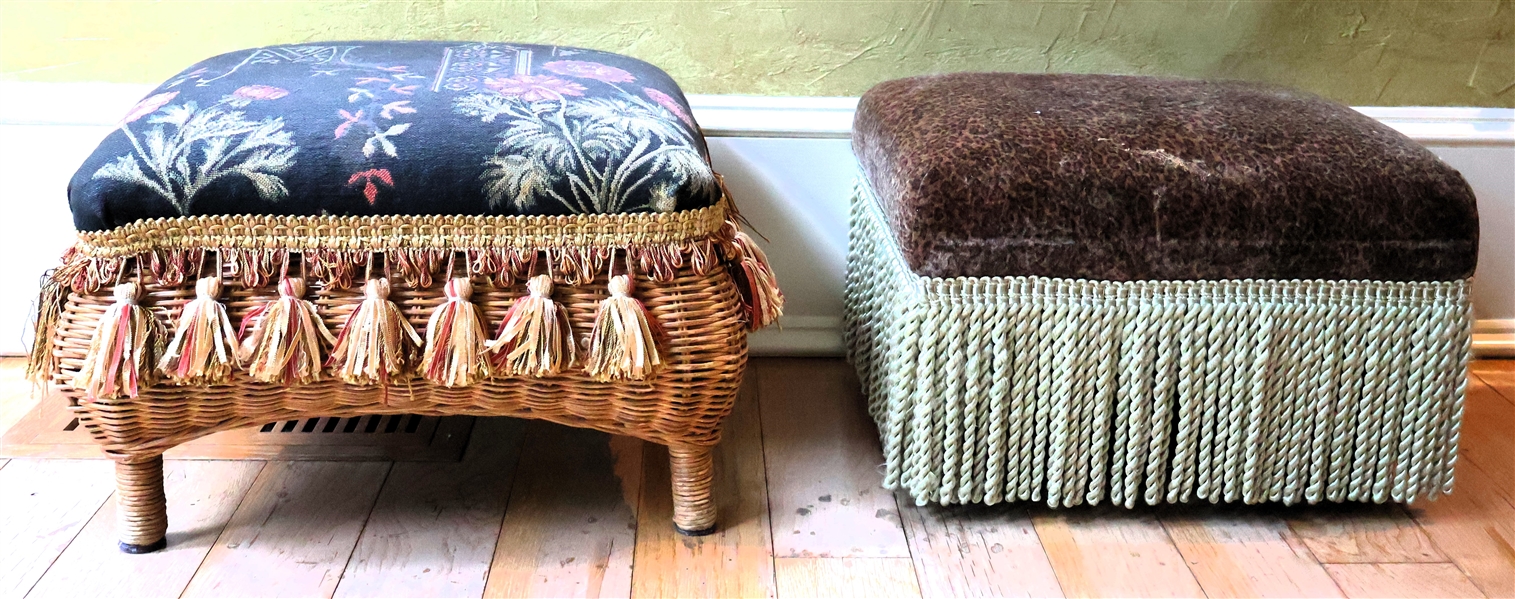 2 Small Foot Stools with Tassel and Fringe Trim - Measuring 9" Tall 15" by 13" - Wicker Has Some Missing Trim