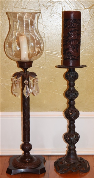 2 Candle Holders - Pierced Metal Pillar Candle Holder and Other with Glass Globe and Crystal Prisms