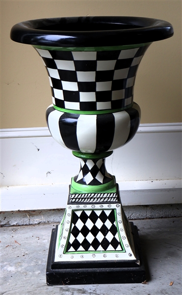 Black White and Green Check Plastic Planter Urn - Some Minor Chip on Corners - Measures 27" Tall 16" Across