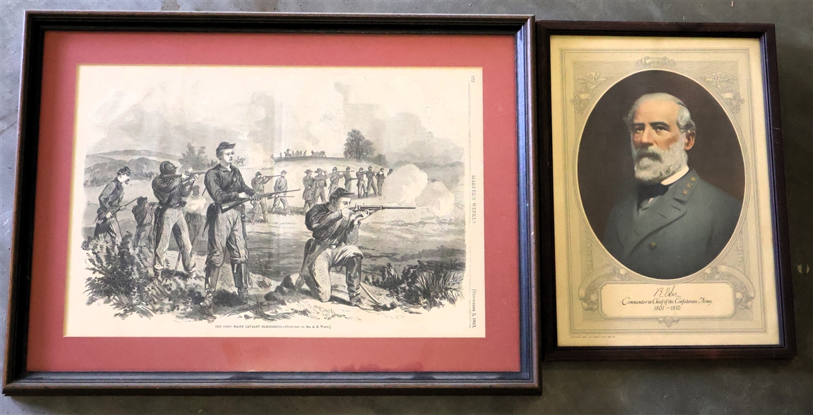 Lithograph of "Commander in Chief of the Confederate Army 1807-1870" Robert E. Lee - Copyright 1929 and "The First Maine Cavalry Skirmishing" Harpers Weekly Print - 1863 - Framed and Matted -...