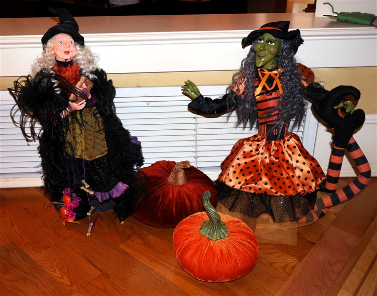 2 Witches and 2 Velvet Pumpkins - White Hair Witch Measures 22" Tall