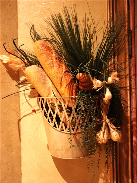 Metal Wall Basket with Faux Baguettes, Vegetables, and Greenery 