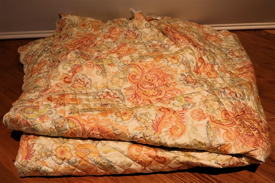 Cuddledown King Sized Quilted Spread - Peach, Green, and Yellow Paisley Pattern 