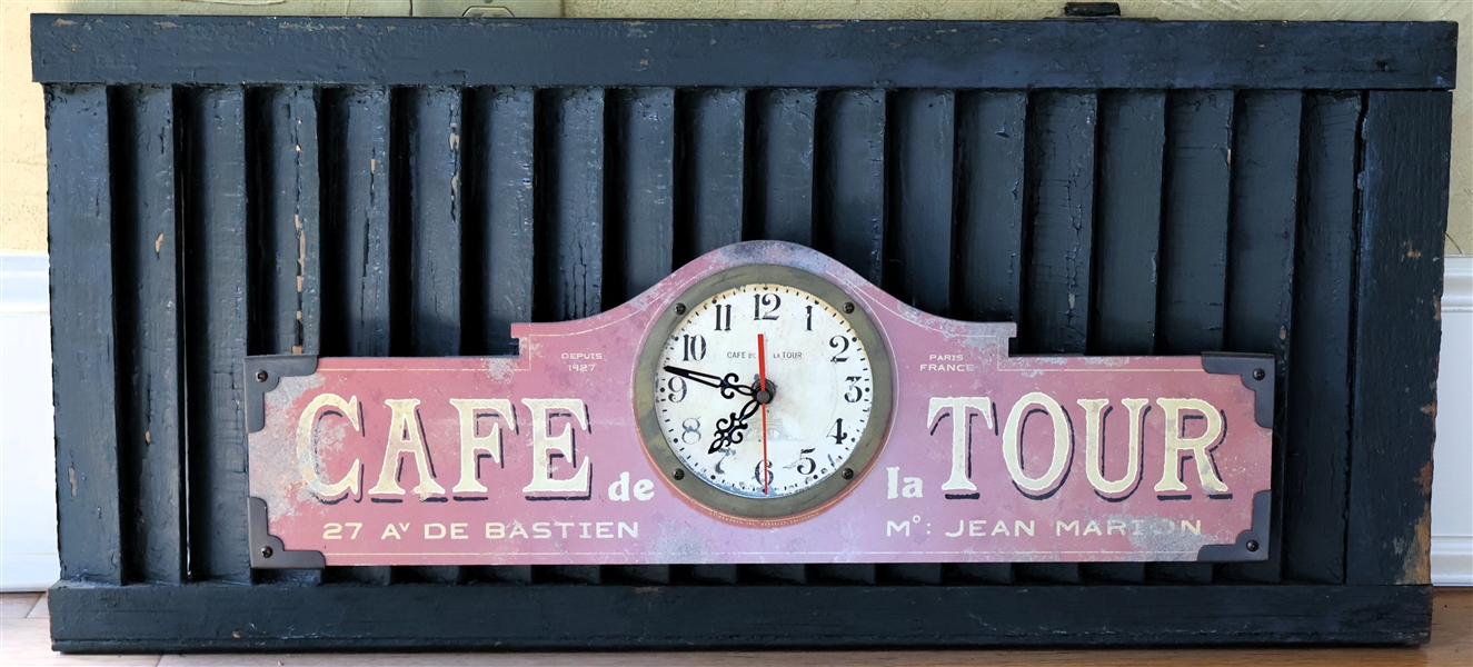 "Cafe Tour" French Style Decorator Clock Attached to a Shutter - Shutter Measures 36" by 12" 