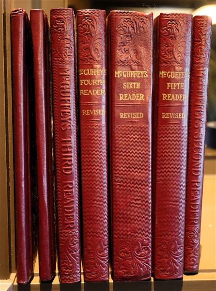 McGuffeys Eclectic Readers - Primer - Sixth Reader - 7 Volumes - Leather Bound - Pretty Covers - Last Copyright 1900