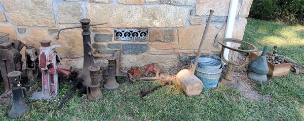 More Items Just Found in Buildings - Jacks, Huge Wood Hammer, Galvanized Wash Tubs, Enamel Funnels