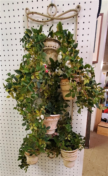 Hanging Iron Plant Holder with Artist Signed Planters - Nice Faux Plants - Each Planter Measures 4" Tall 