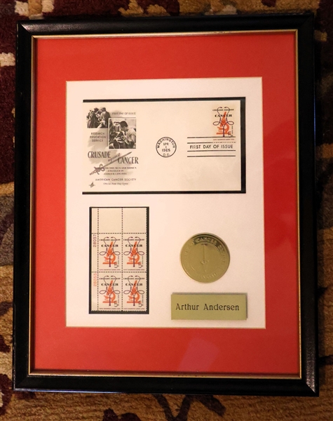 "Crusade Against Cancer" April 1 1965 - First Day of Issue Stamps and Envelope - Framed with American Cancer Society Diamond Medallion - Arthur Andersen Brass Tag - Frame Measures 15" by 12" 