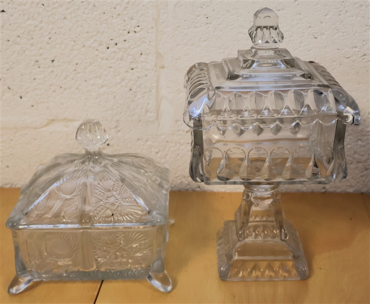 2 Early American Press Glass Preserve Stands - 9" Footed and 6" Flat 