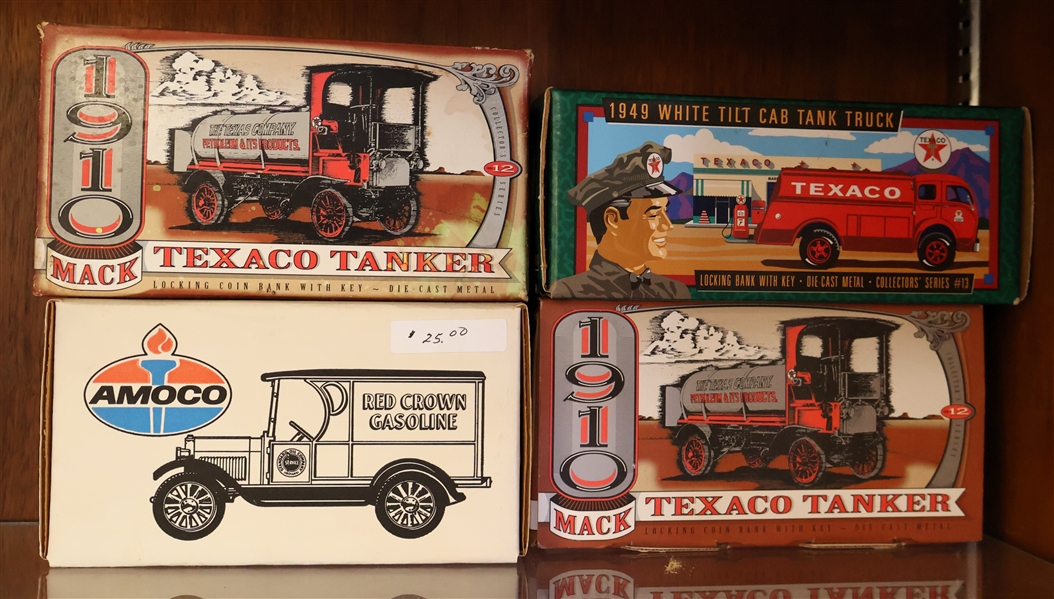 4 - Gas Trucks - Amoco Red Crown Gasoline, Texaco Mack Tanker 1910, Texaco 1949 White Tilt Cab Tank Truck, and 1910 Mack Tanker Truck 