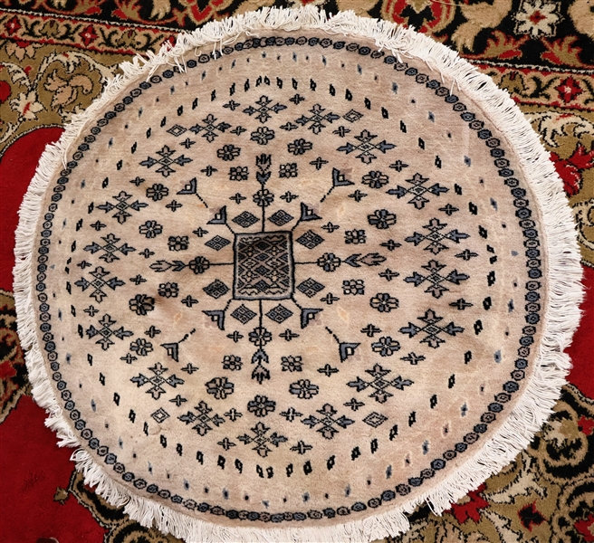 Small Round Throw Rug with Blue and Black Accents - Measures 35" Across without Fringe